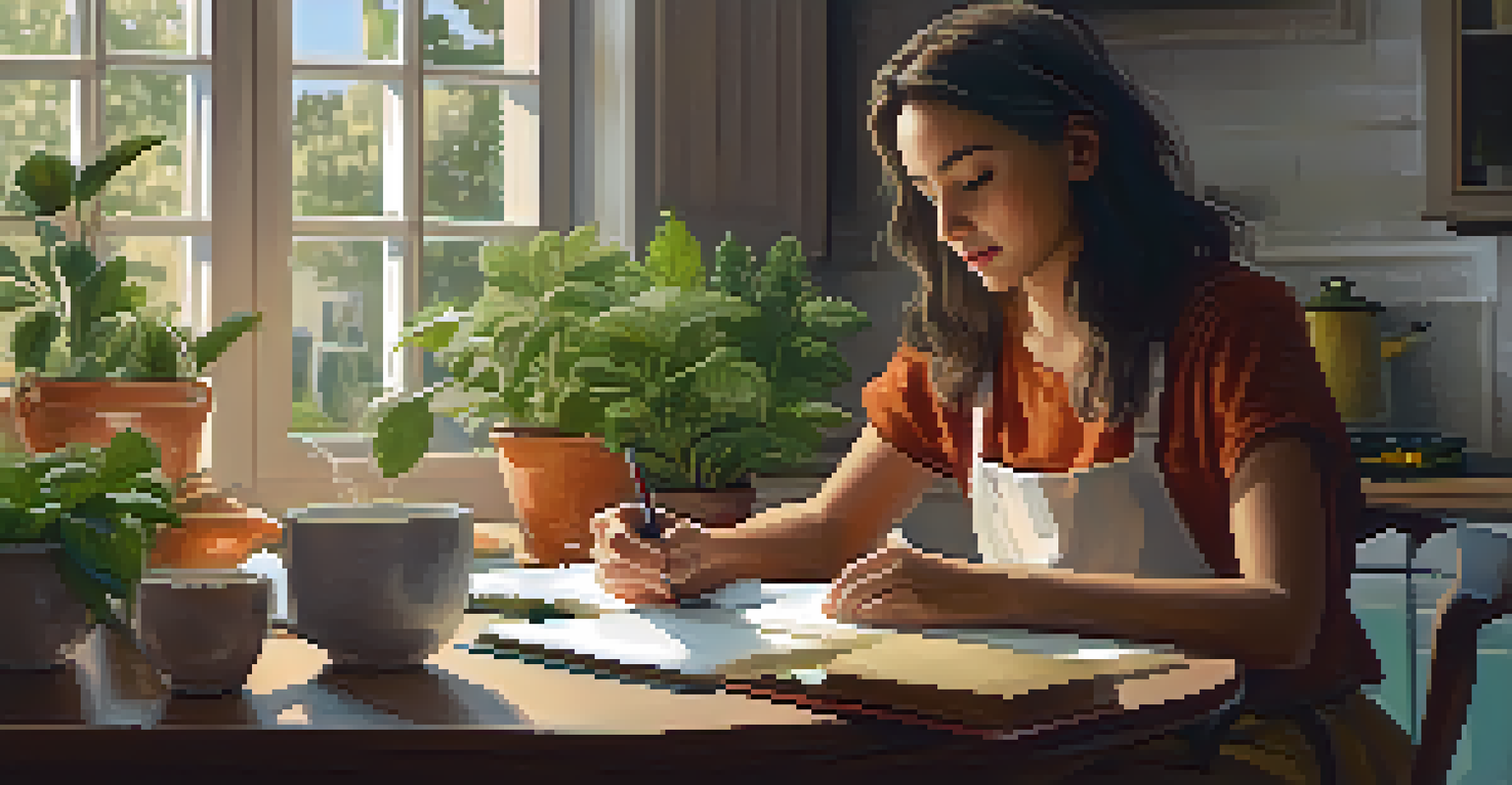 A parent thoughtfully planning activities at a kitchen table with a cup of tea and a notepad.