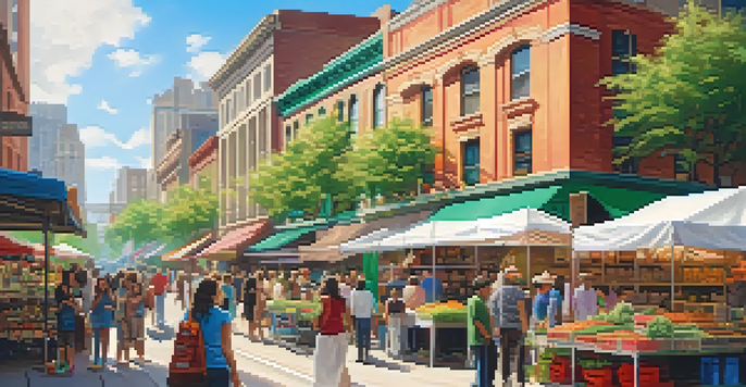 A lively outdoor market scene in a North American city with colorful cannabis product stalls and diverse people interacting under warm sunlight.