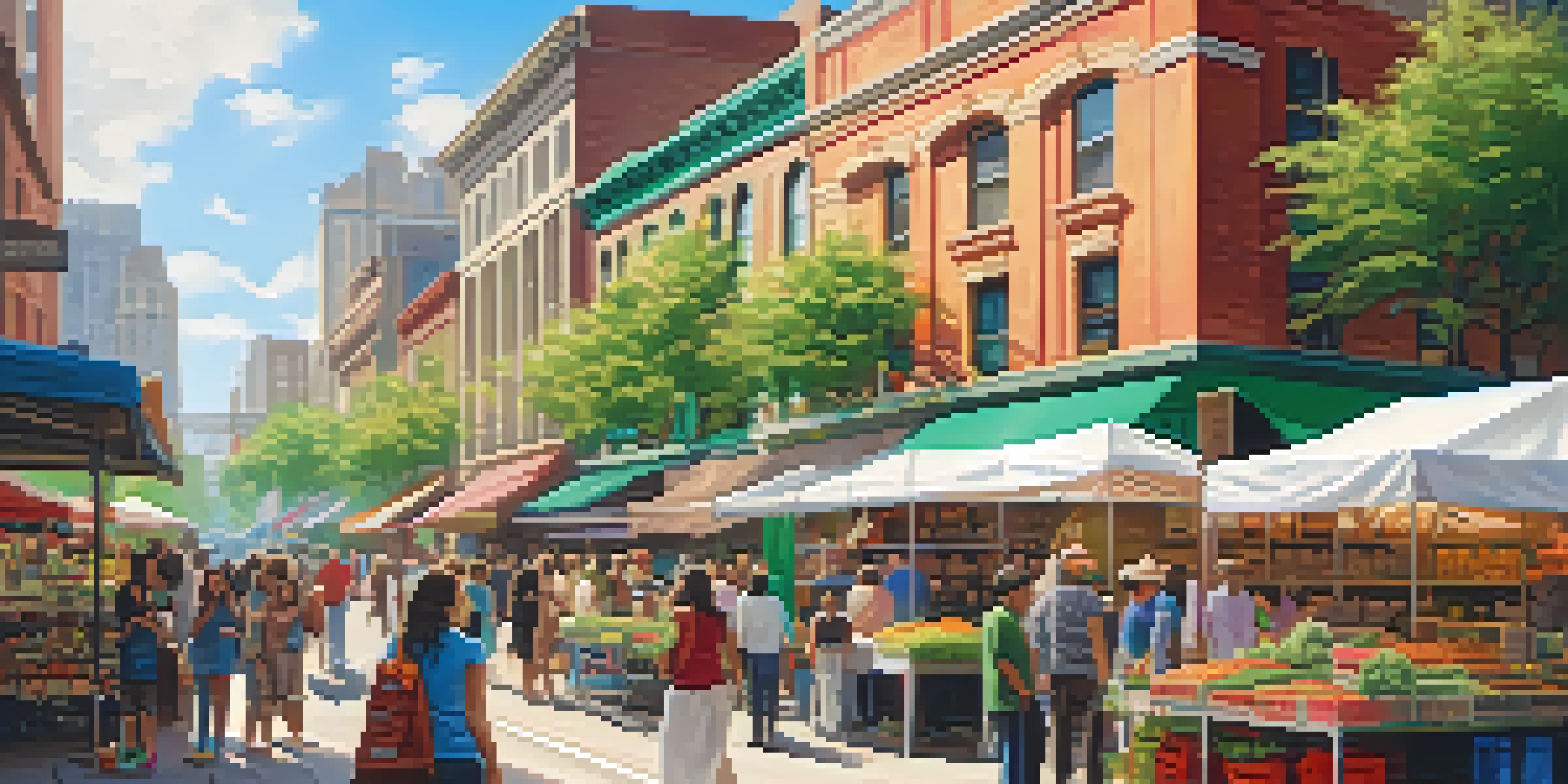 A lively outdoor market scene in a North American city with colorful cannabis product stalls and diverse people interacting under warm sunlight.