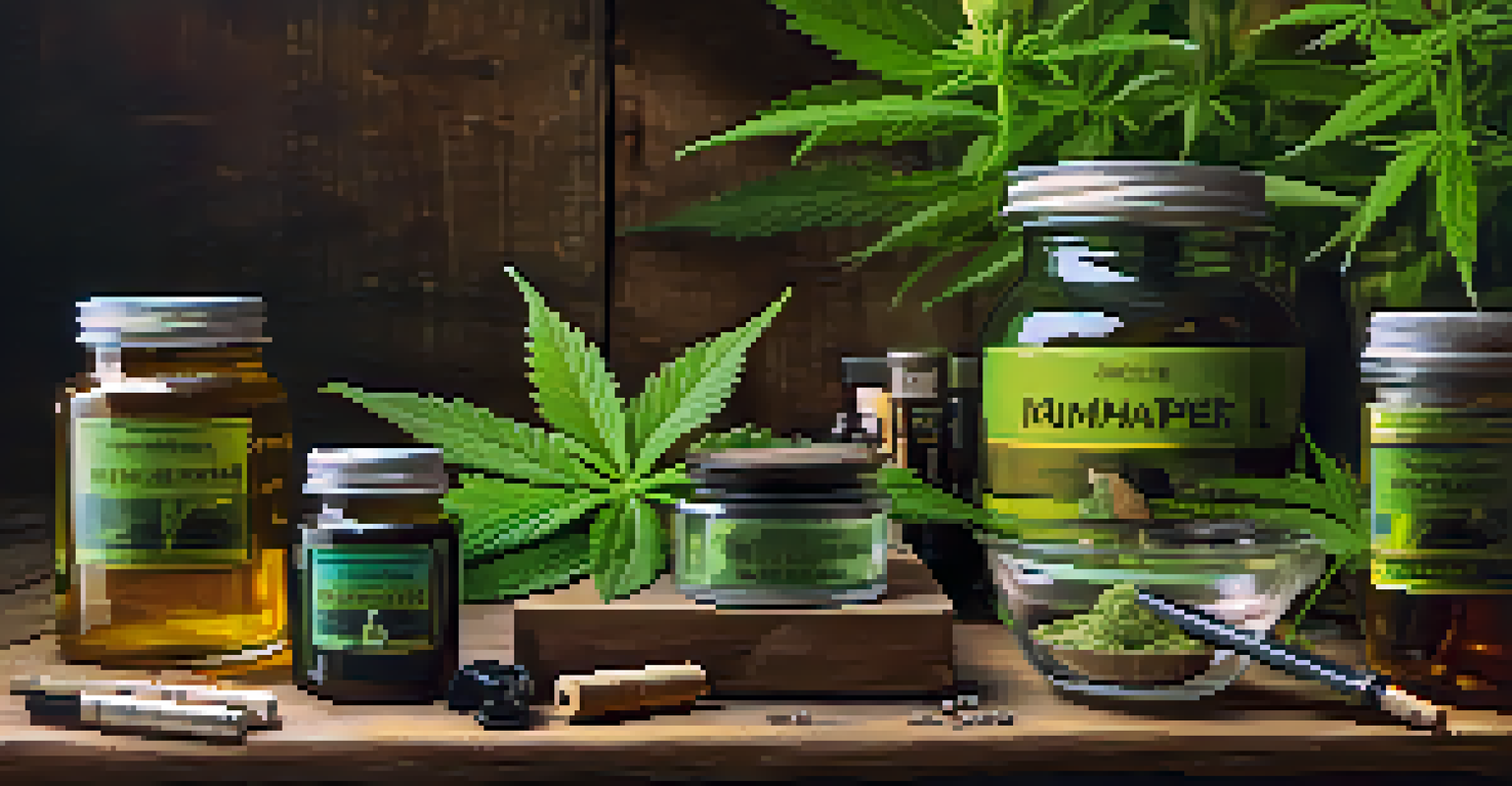 An assortment of cannabis products including flowers, rolling papers, and a pipe on a wooden table, showcasing a variety of options.