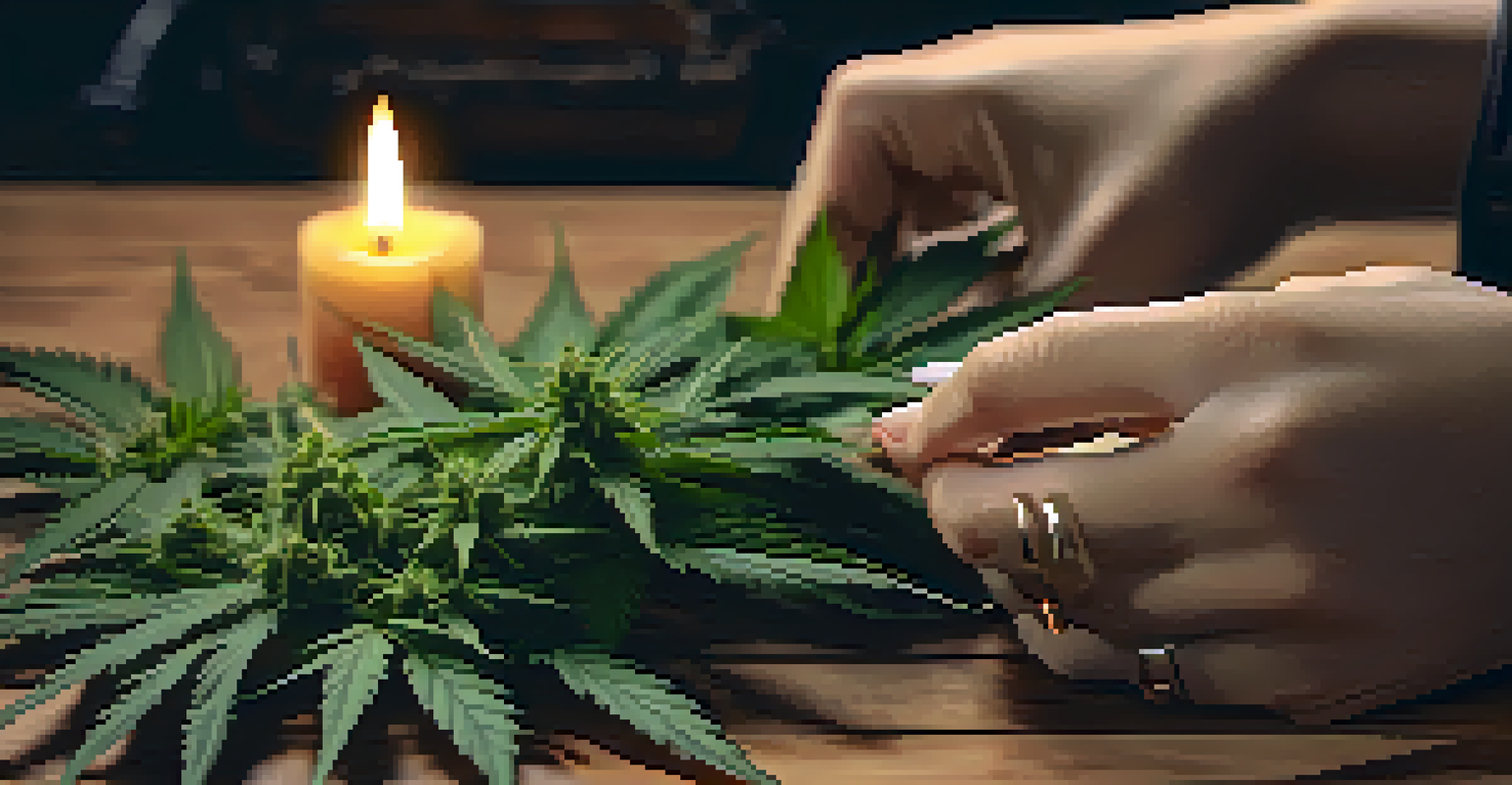 A hand holding marijuana next to a VR headset on a table, with a softly blurred background of candles and flowers for a relaxing setting.