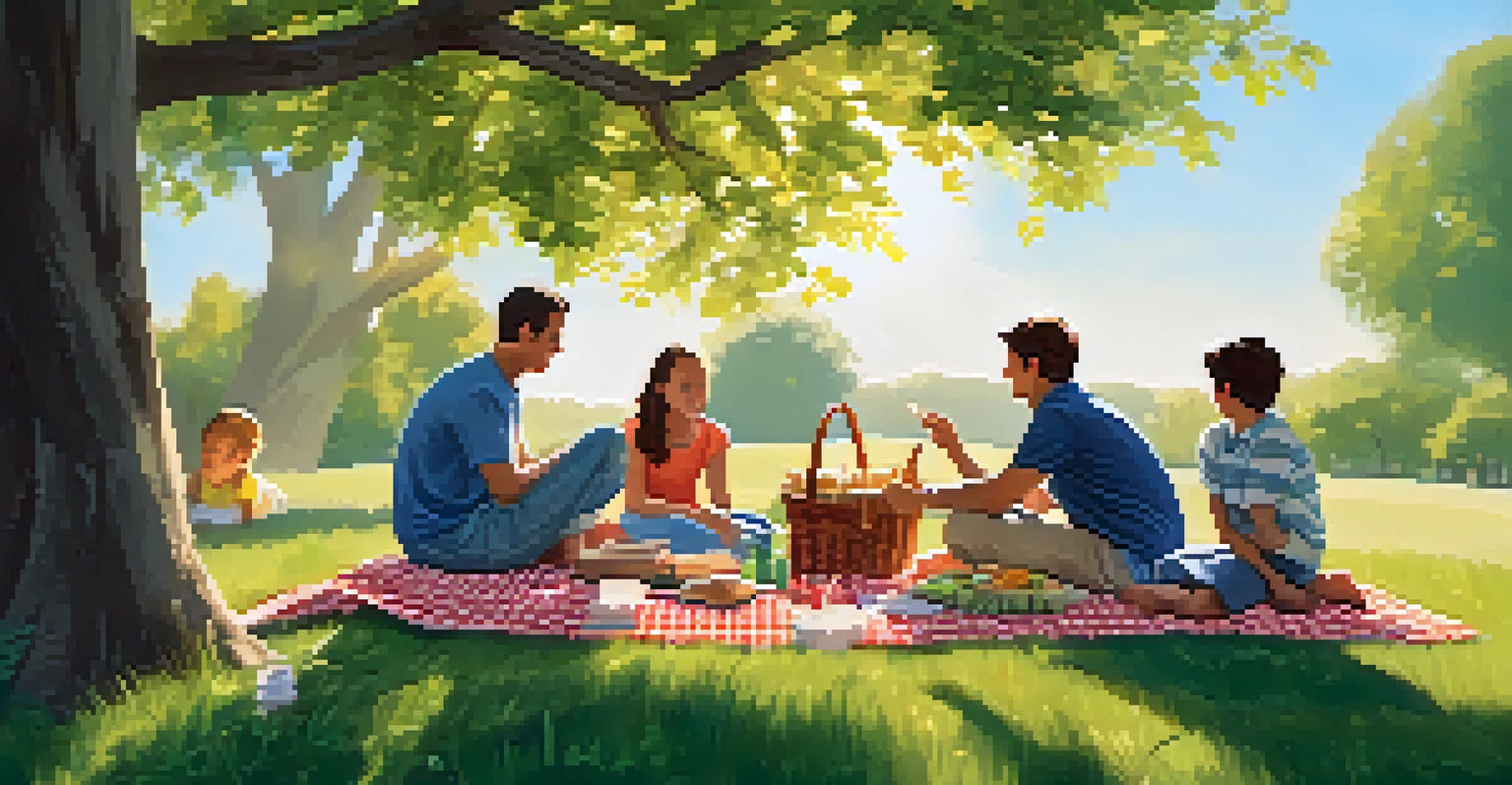 A joyful outdoor picnic with a parent and child playing a board game under a tree, surrounded by snacks.