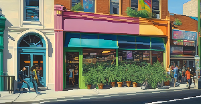 A colorful cannabis dispensary in a lively city, with people interacting and artistic murals on the walls.
