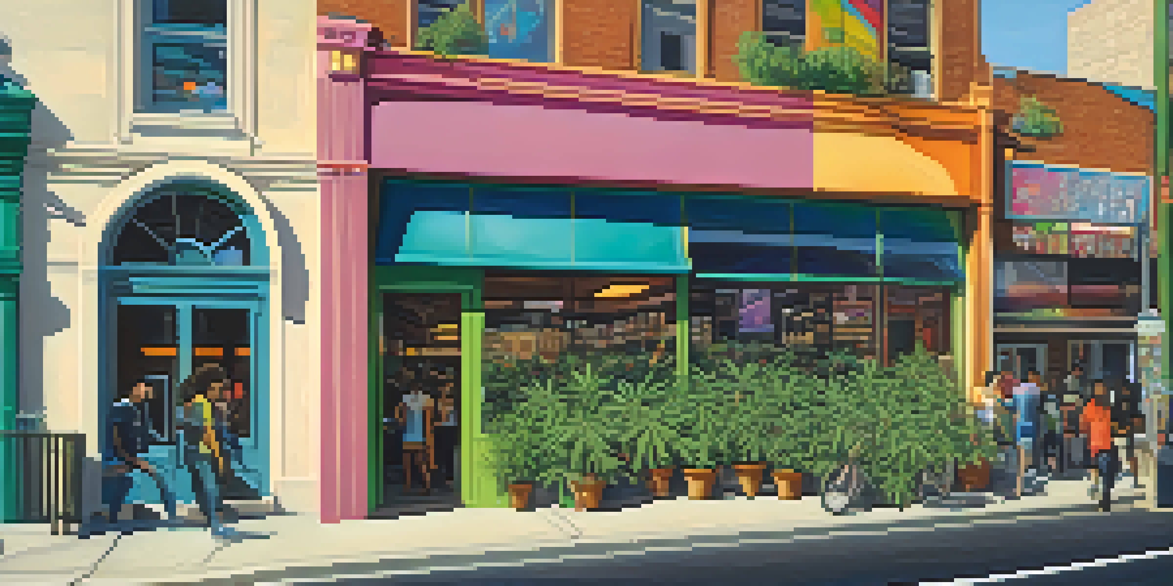 A colorful cannabis dispensary in a lively city, with people interacting and artistic murals on the walls.