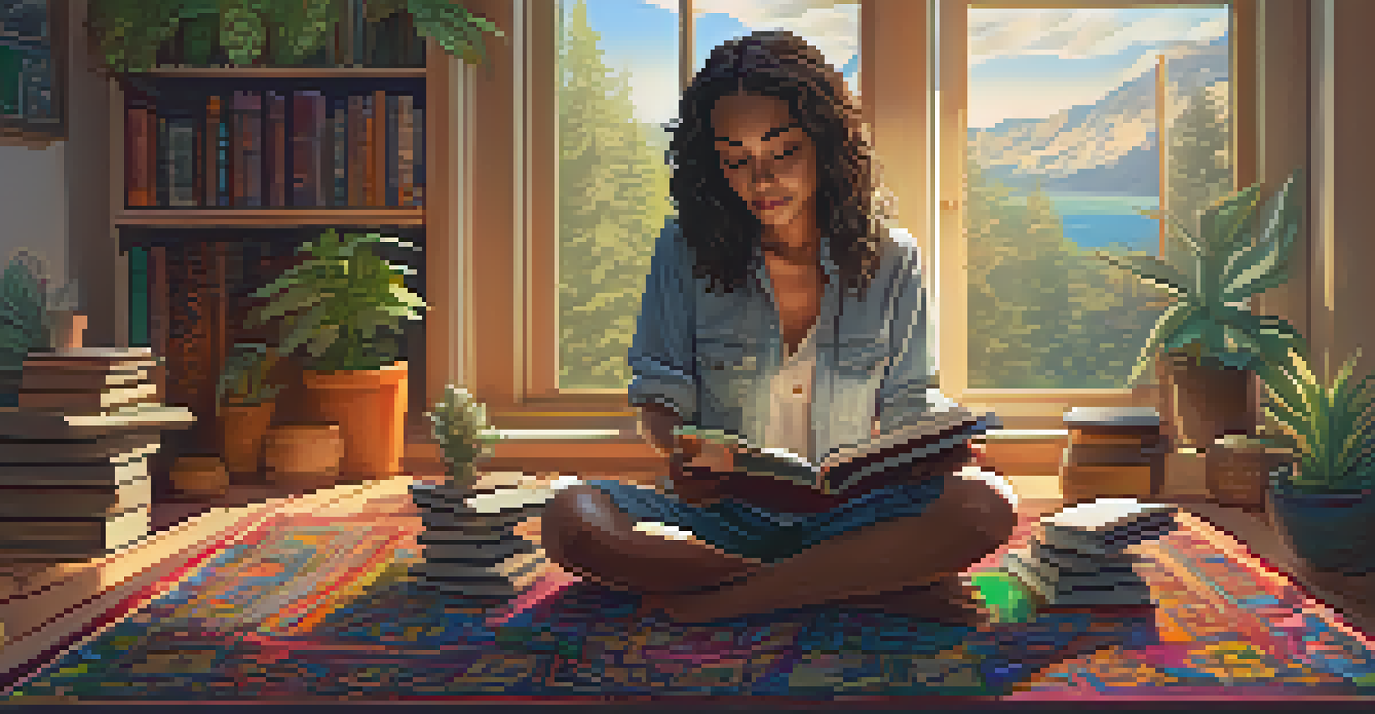 A woman sitting on a colorful rug, writing in a journal with cannabis items around her, in a cozy and inviting room.