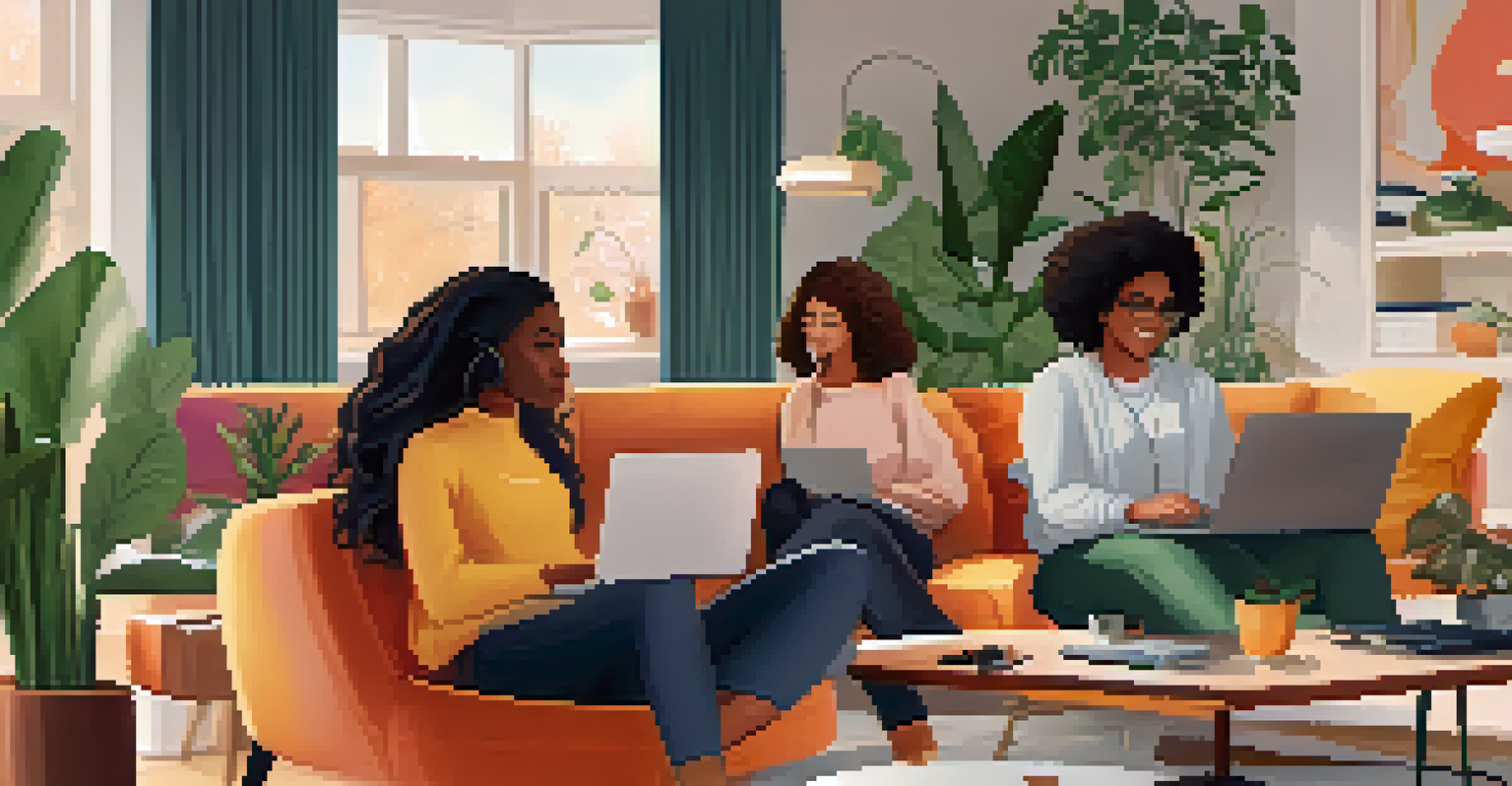 A diverse group of people on a video conference call in a modern living room, showcasing a collaborative remote work atmosphere.
