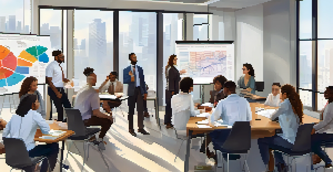 A diverse group of employees collaborating in a modern office workshop about drug testing policies, with charts and documents on a table.
