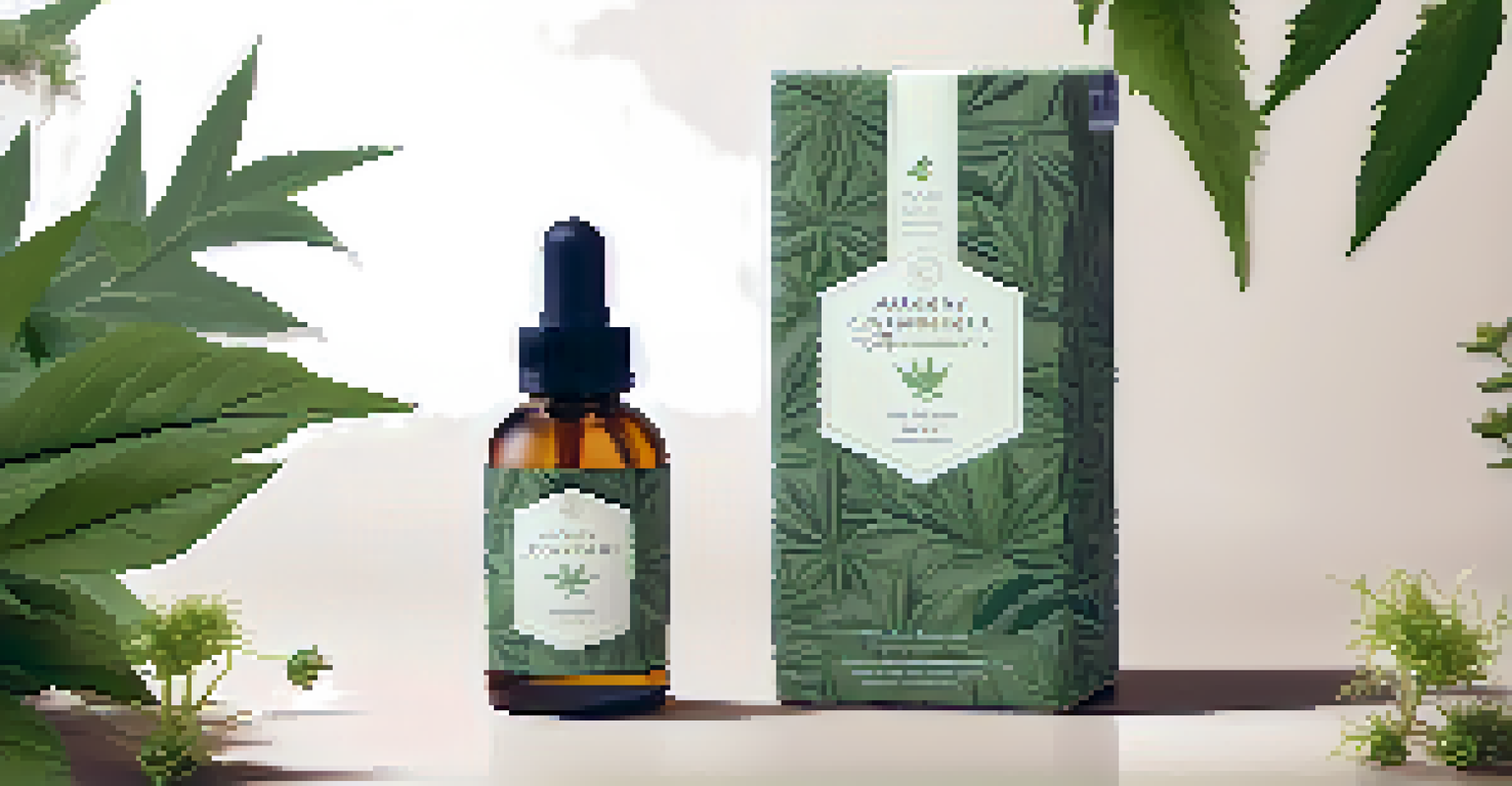 A close-up view of eco-friendly cannabis product packaging, featuring earthy tones and surrounded by green leaves, under soft lighting.