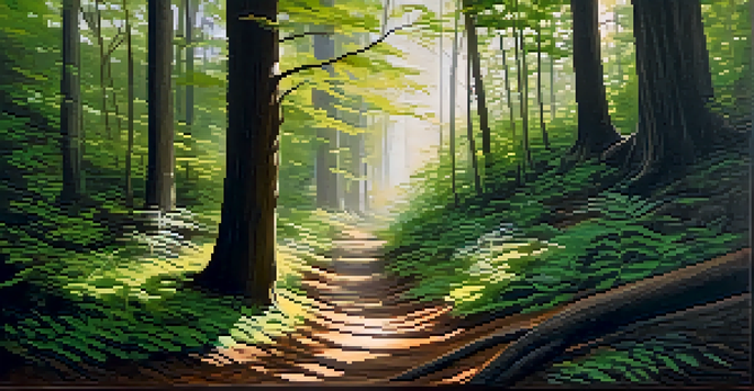 A tranquil forest scene with sunlight filtering through trees and a winding path.
