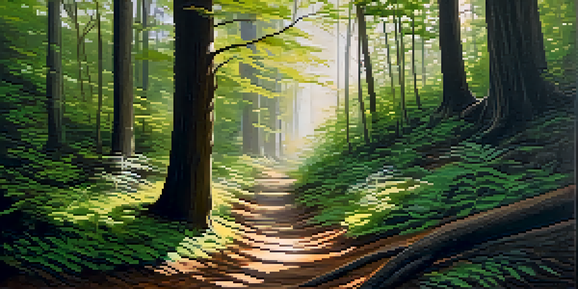 A tranquil forest scene with sunlight filtering through trees and a winding path.