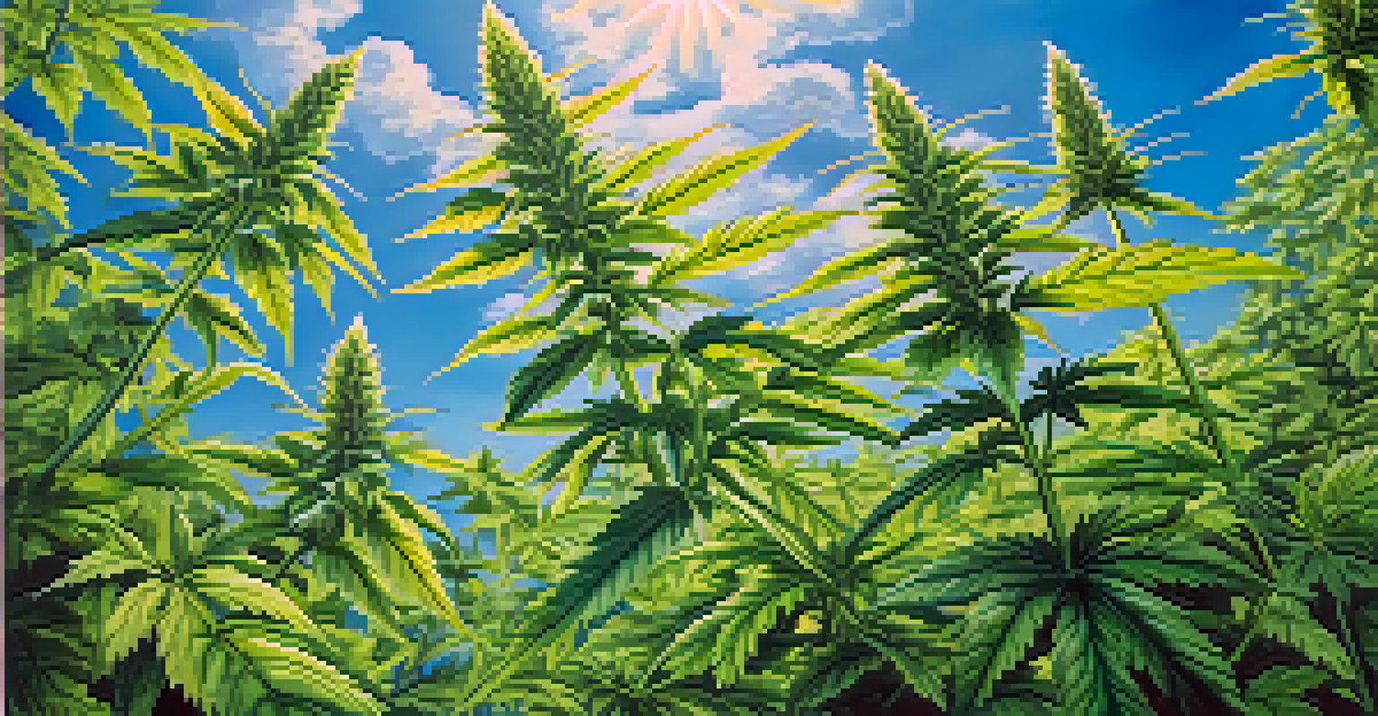 Close-up of healthy marijuana plants under bright summer sunlight with a clear blue sky in the background.