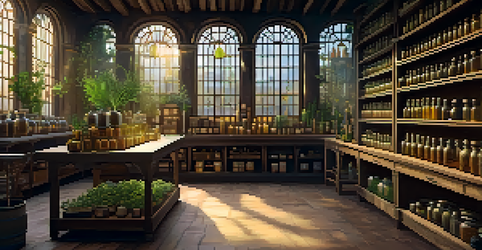 A detailed view of a medieval apothecary shop with jars of herbs, ancient texts, and cannabis plants, illuminated by warm sunlight.