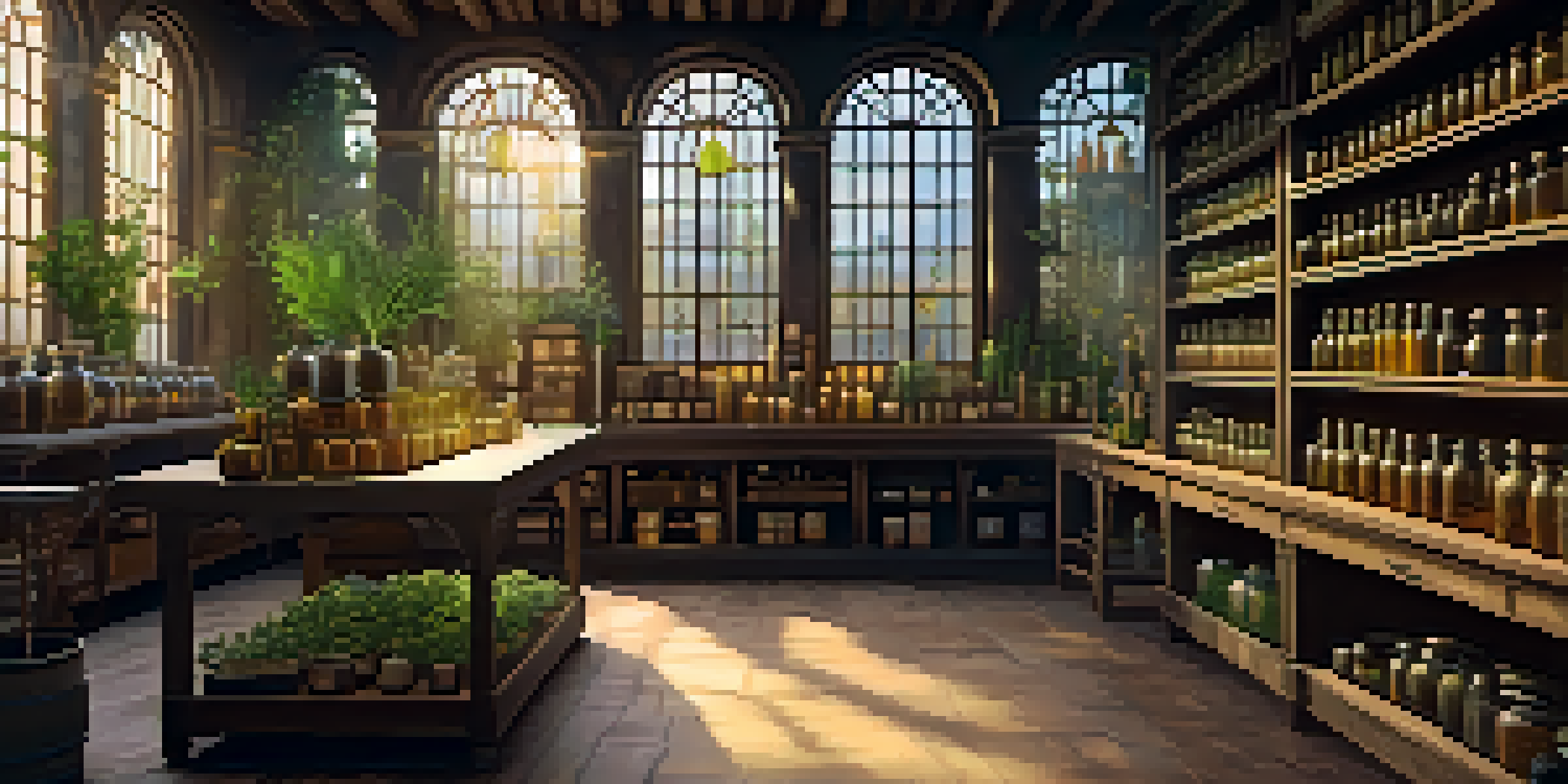 A detailed view of a medieval apothecary shop with jars of herbs, ancient texts, and cannabis plants, illuminated by warm sunlight.
