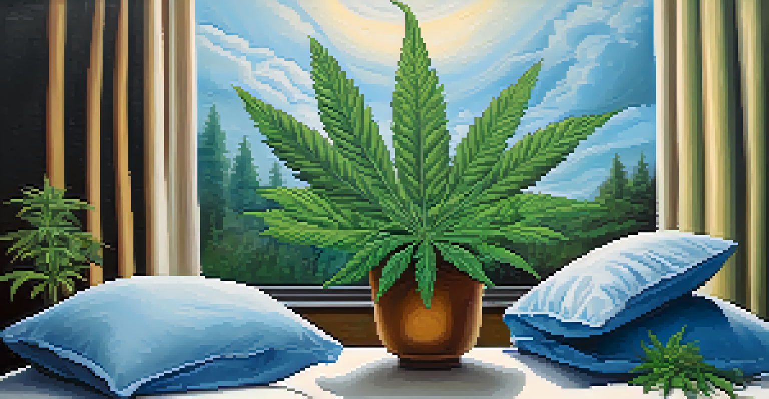 A calming scene with a marijuana plant in the foreground and soft, flowing fabrics in soothing colors, symbolizing the intersection of mental health and marijuana.