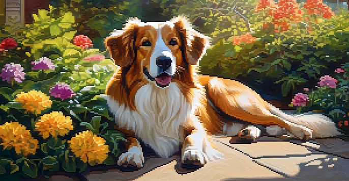 A happy dog resting in a sunny garden filled with colorful flowers and green plants.