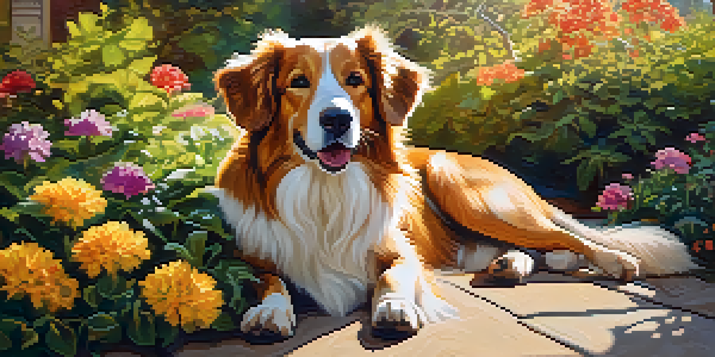 A happy dog resting in a sunny garden filled with colorful flowers and green plants.
