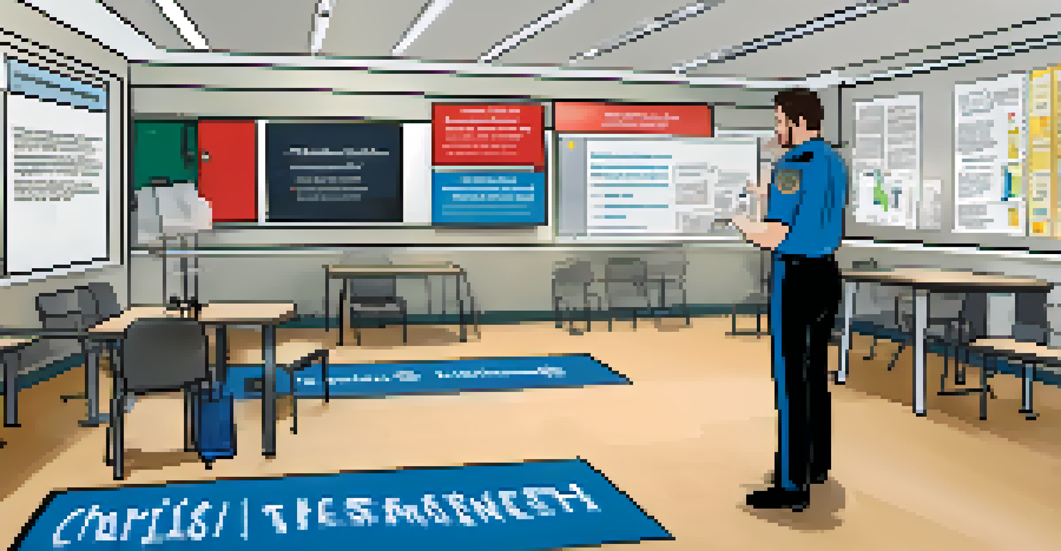 An employee practicing crisis preparedness in a training workshop, with colleagues and a whiteboard in the background.