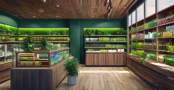 A busy cannabis dispensary with colorful products on wooden shelves, warm lighting, and customers interacting with staff.