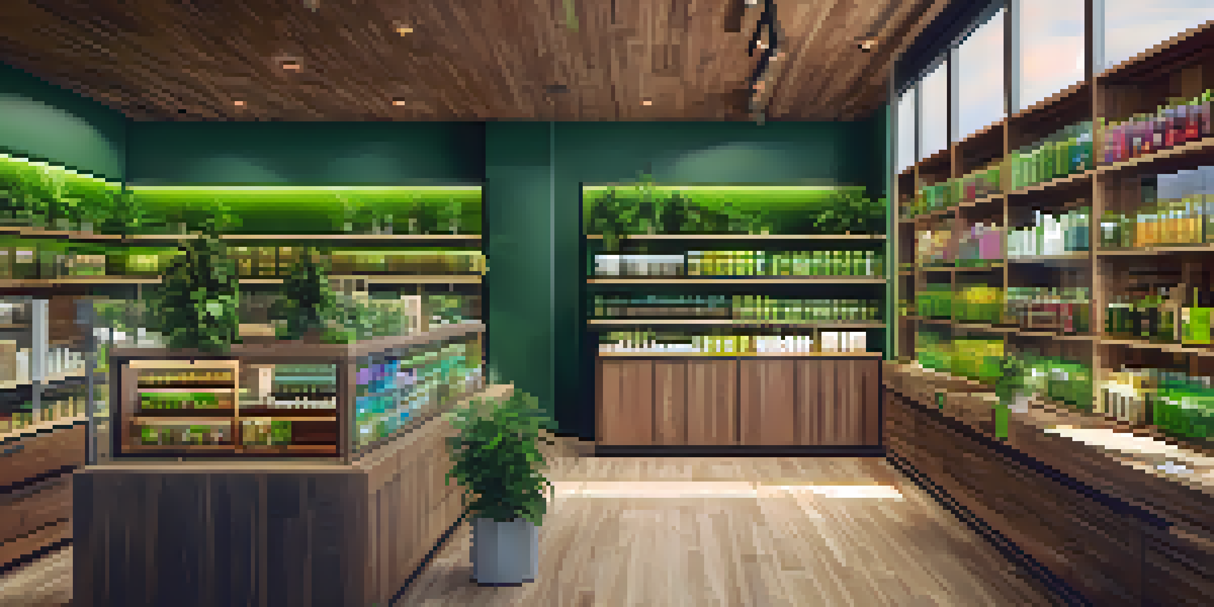 A busy cannabis dispensary with colorful products on wooden shelves, warm lighting, and customers interacting with staff.
