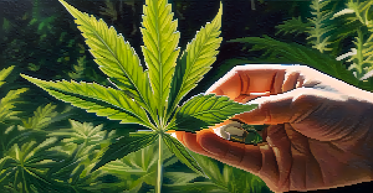A hand holding a cannabis leaf in a sunny garden, symbolizing healing and nature.