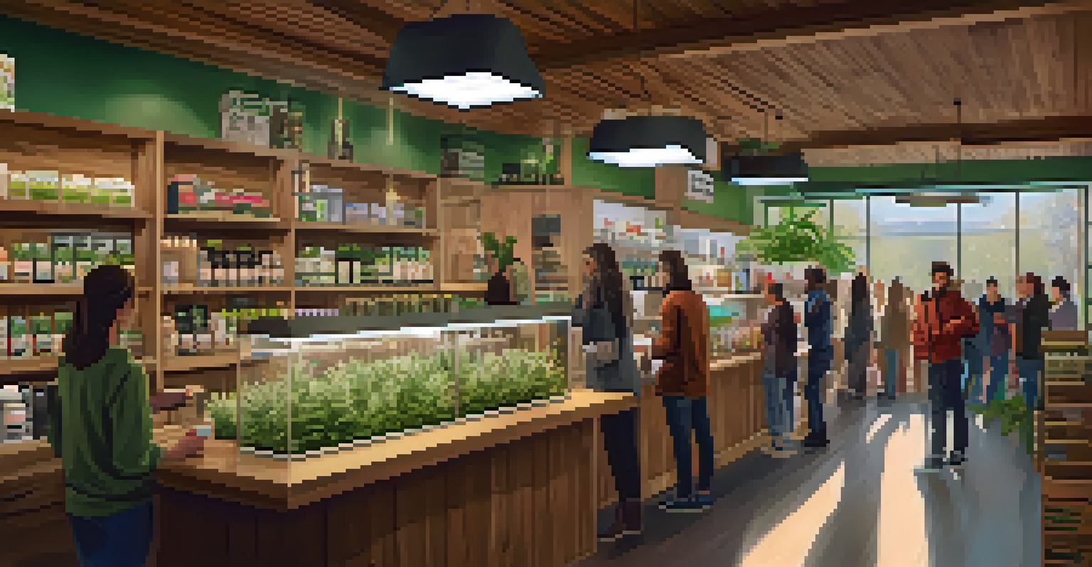 Interior of a cannabis dispensary with customers browsing products, warm lighting, and a friendly atmosphere.
