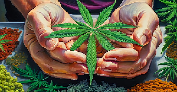 Close-up of hands holding different cannabis plants with vibrant colors and intricate details.