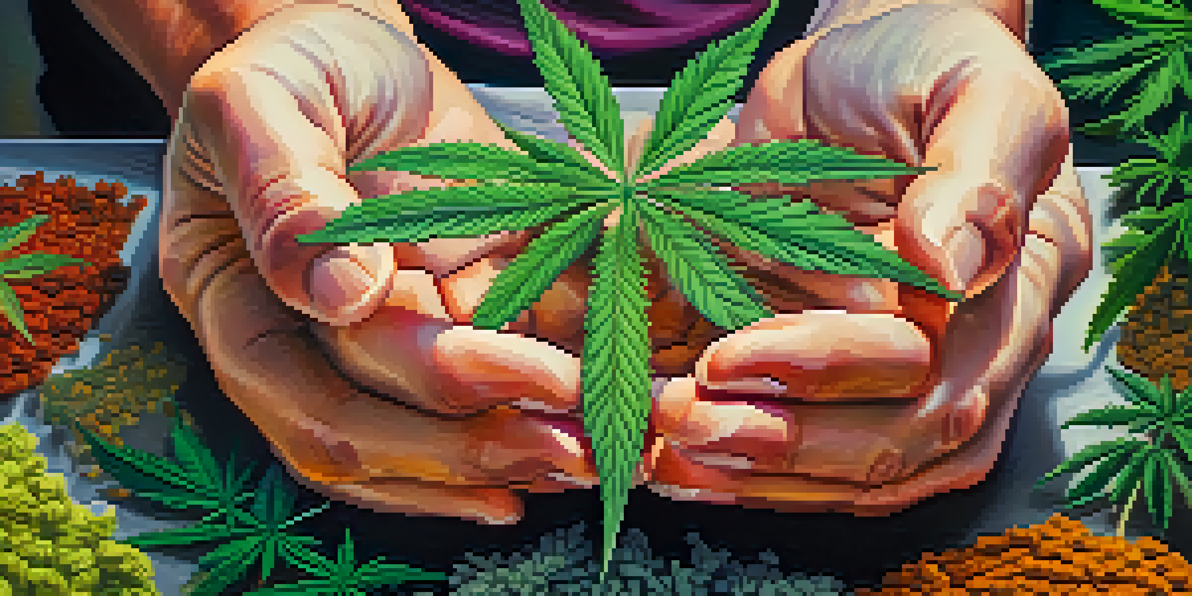 Close-up of hands holding different cannabis plants with vibrant colors and intricate details.