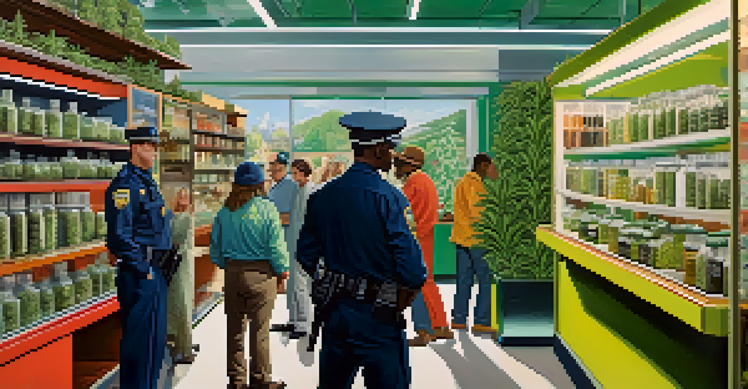 A split-screen illustration contrasting a historical marijuana raid with modern cannabis dispensary scenes.