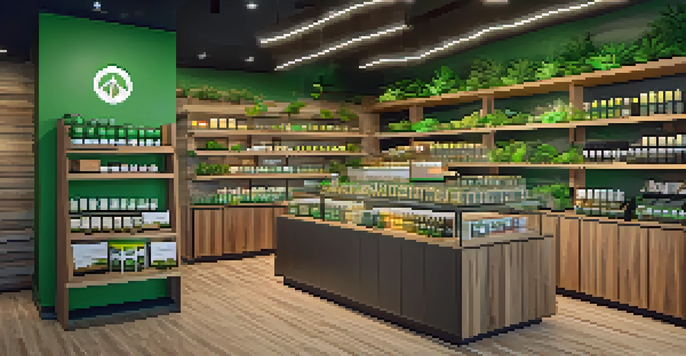 A lively cannabis retail store filled with various products and customers interacting with staff.