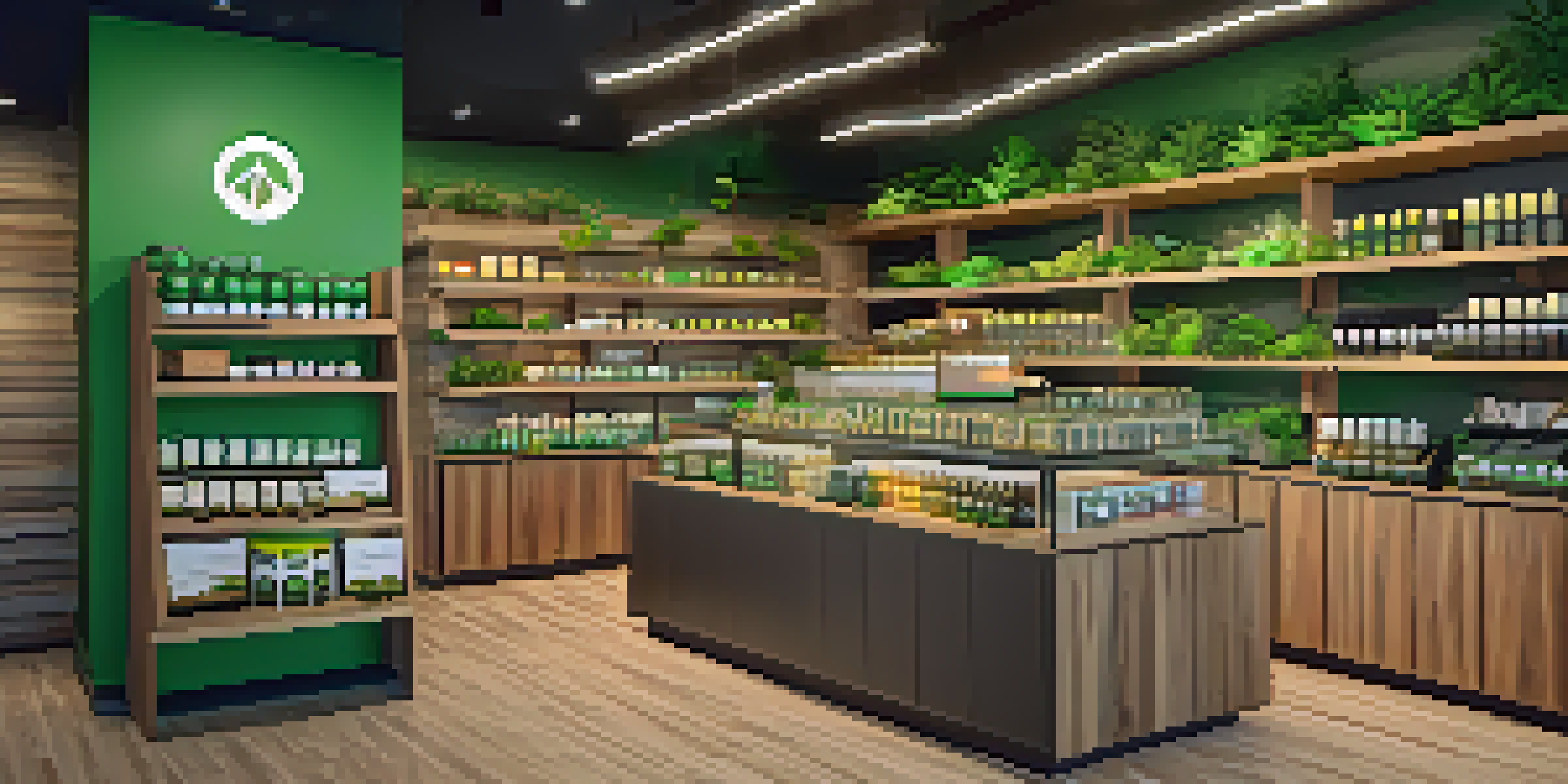 A lively cannabis retail store filled with various products and customers interacting with staff.