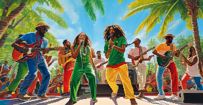 A lively reggae concert with musicians on stage and audience members dancing, surrounded by palm trees.