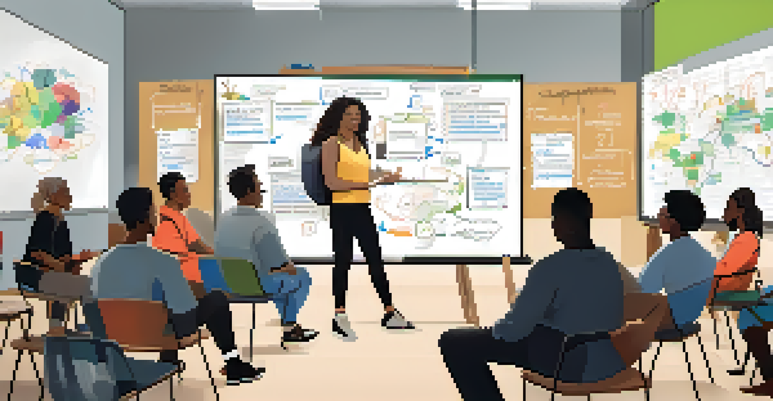 A community workshop with diverse participants discussing harm reduction strategies, featuring a facilitator presenting at the front and educational materials displayed.