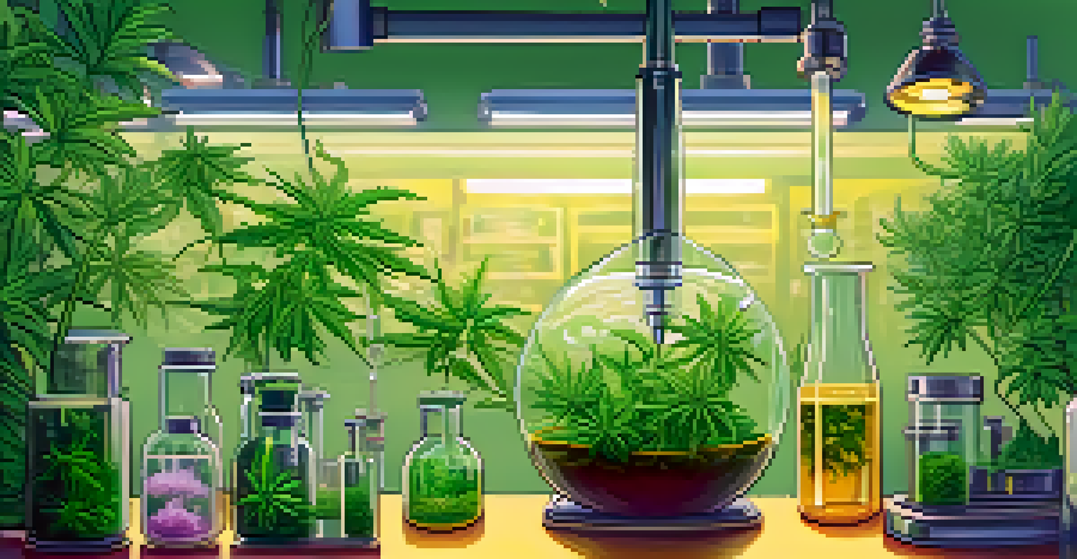 Vibrant plants representing cannabinoids THC and CBD in a laboratory setting, surrounded by scientific equipment and soft laboratory lighting.