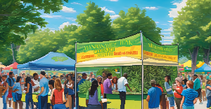 A lively community health fair with diverse individuals discussing marijuana awareness, colorful booths, and a speaker engaging the audience.