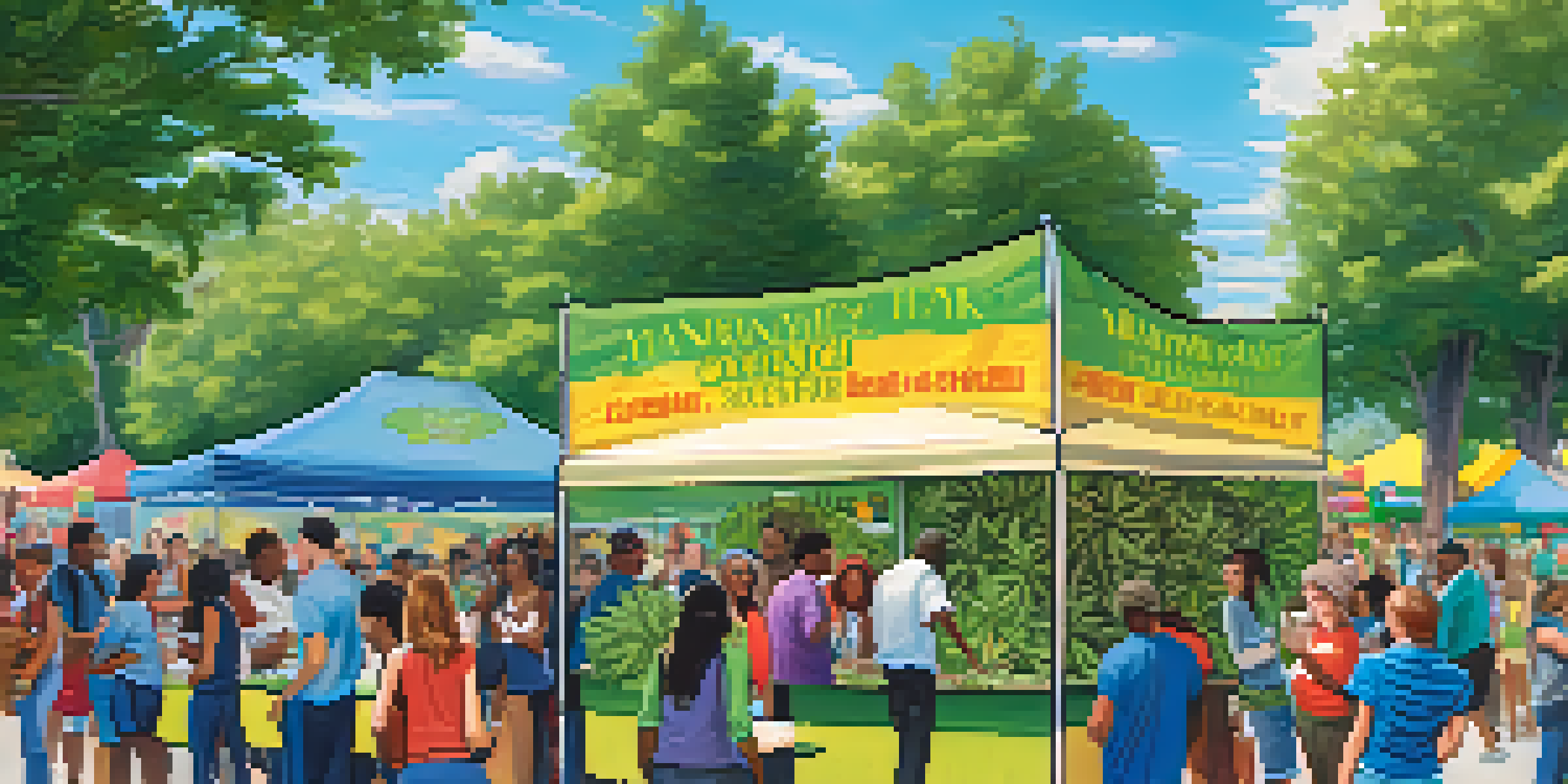 A lively community health fair with diverse individuals discussing marijuana awareness, colorful booths, and a speaker engaging the audience.
