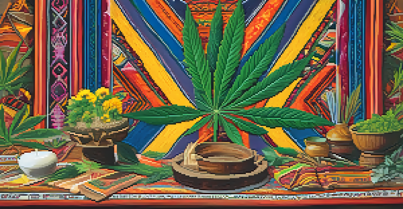 A close-up of an altar with cannabis leaves and traditional artifacts on colorful textiles.