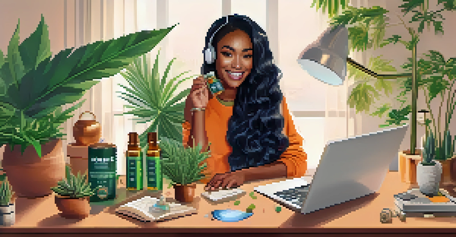 A cannabis influencer at a stylish desk, smiling while holding a tincture bottle, with plants and a laptop showcasing social media metrics around them.