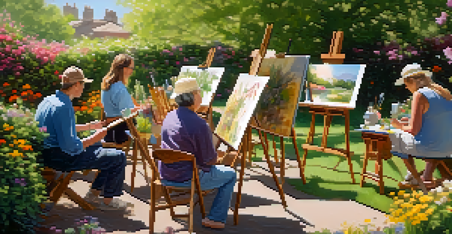 An outdoor art therapy session in a peaceful garden with participants painting and sharing emotions.