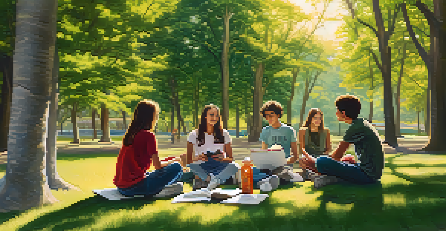 A group of teenagers in a park discussing healthy choices and coping mechanisms, surrounded by nature and sunlight.
