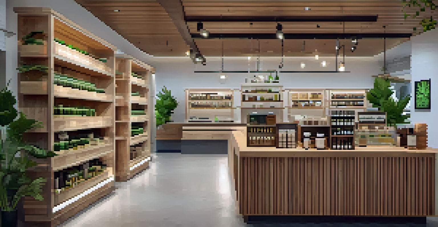 A well-organized cannabis dispensary with products on wooden shelves and a budtender assisting a customer.