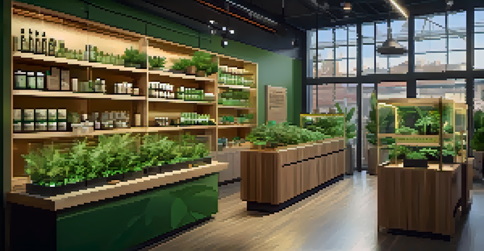 A bright and welcoming cannabis dispensary with wooden shelves and various cannabis products. Customers are browsing while a staff member assists them.