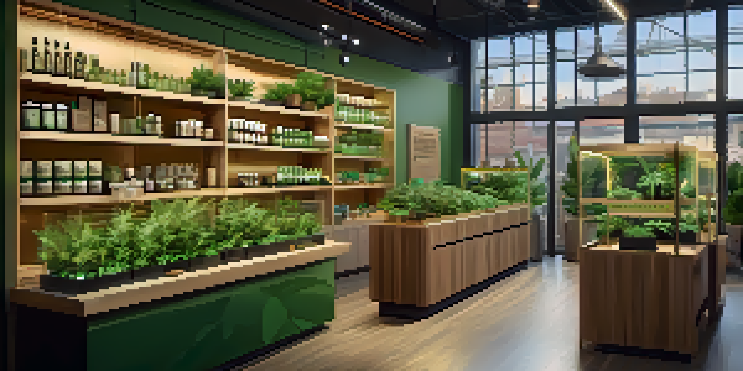 A bright and welcoming cannabis dispensary with wooden shelves and various cannabis products. Customers are browsing while a staff member assists them.