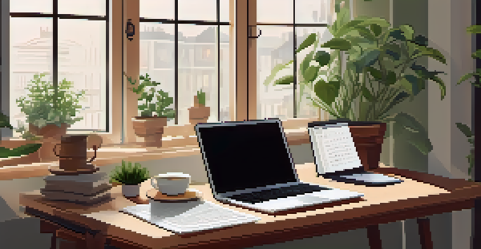 A home office with a wooden desk featuring a laptop, a potted plant, and a cup of herbal tea, emphasizing a budgeting theme.