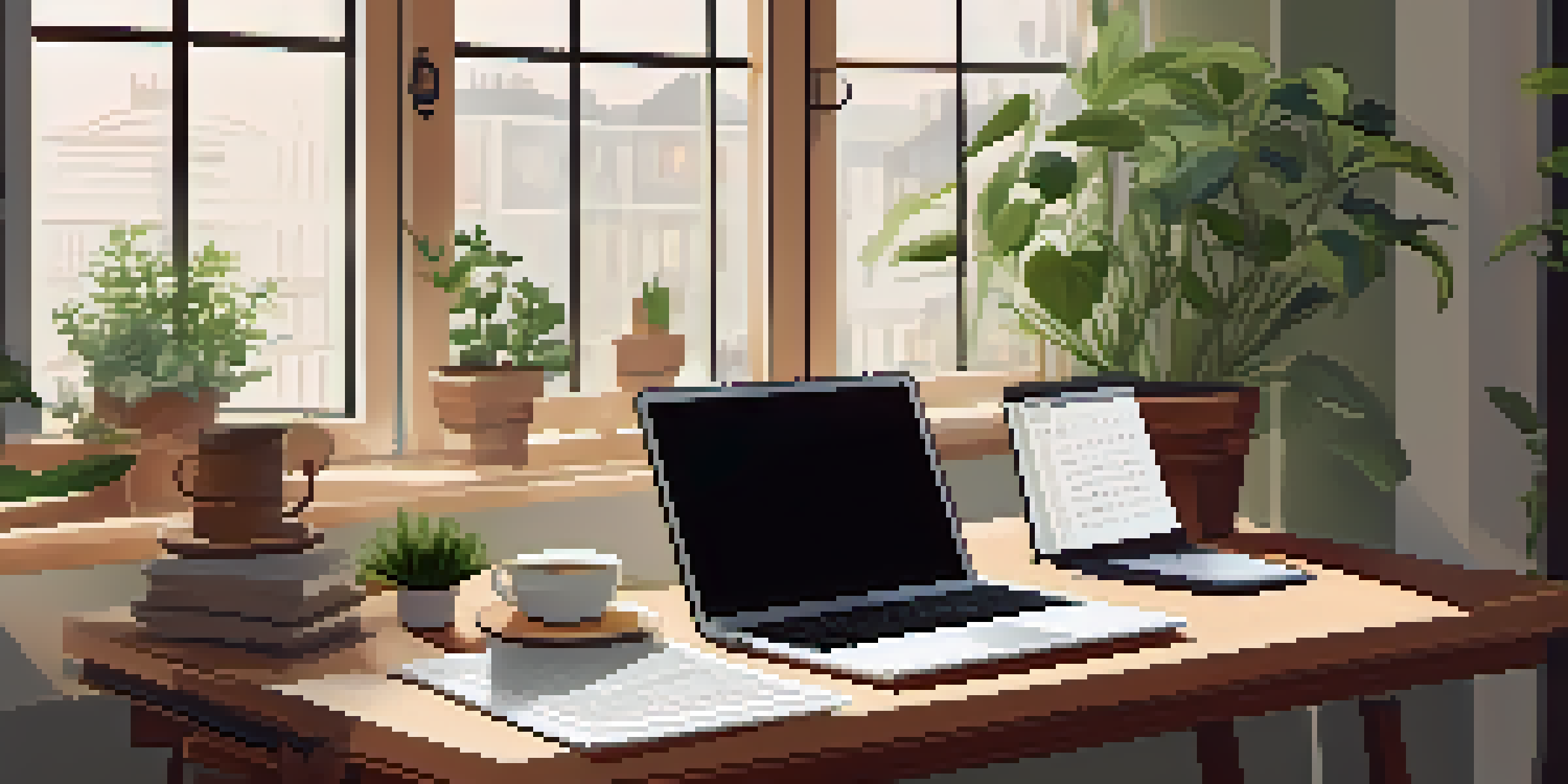 A home office with a wooden desk featuring a laptop, a potted plant, and a cup of herbal tea, emphasizing a budgeting theme.