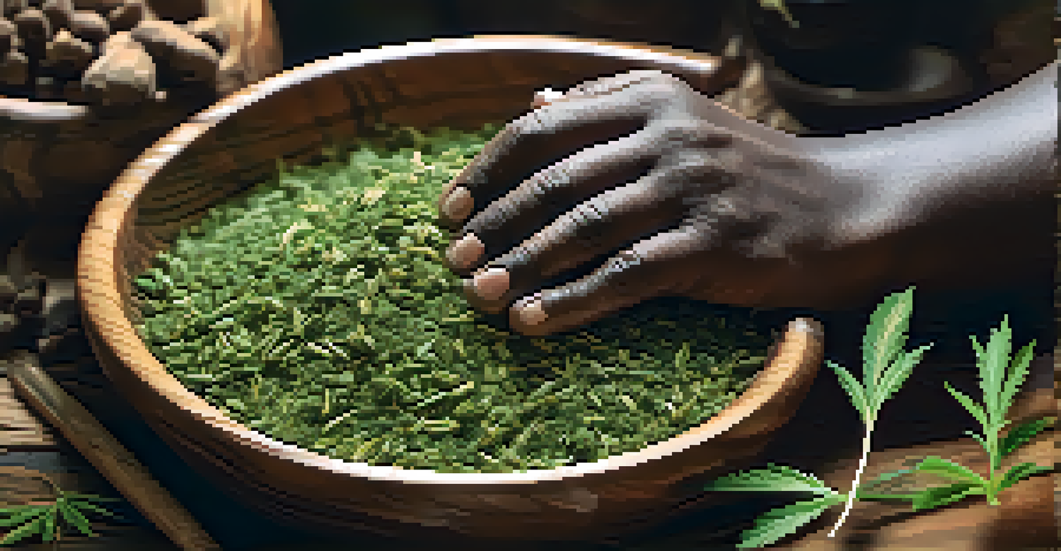 Close-up of a traditional healer's hands mixing herbs in a wooden bowl, with a focus on the textures and details.