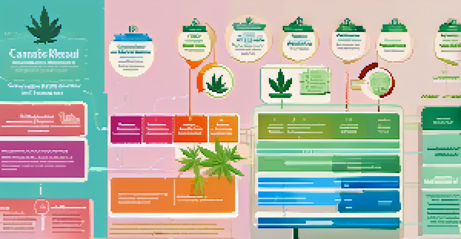 An infographic illustrating keyword research for cannabis marketing, with colorful charts and clear text on a light pastel background.