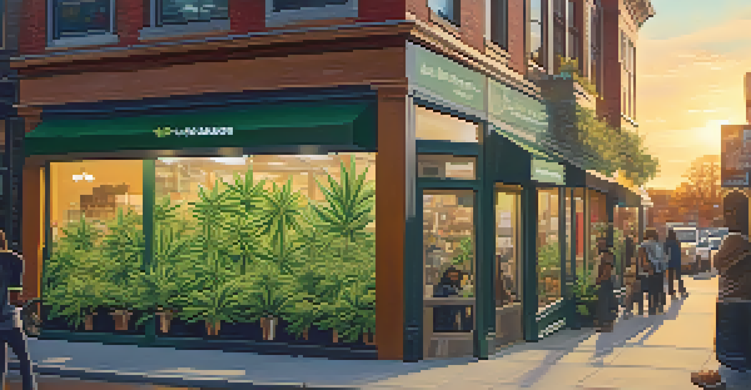 A busy cannabis dispensary in an urban setting with diverse customers and colorful street art.