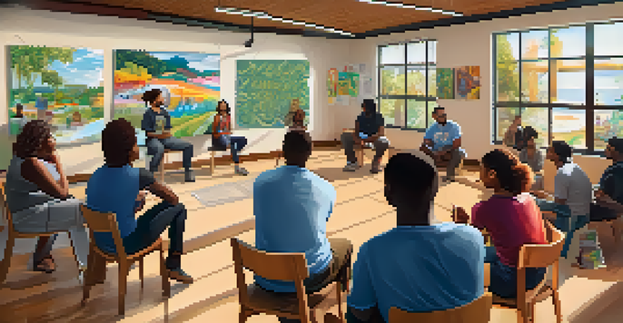 A diverse group of people attending a marijuana harm reduction workshop in a well-lit community center, with educational materials visible.