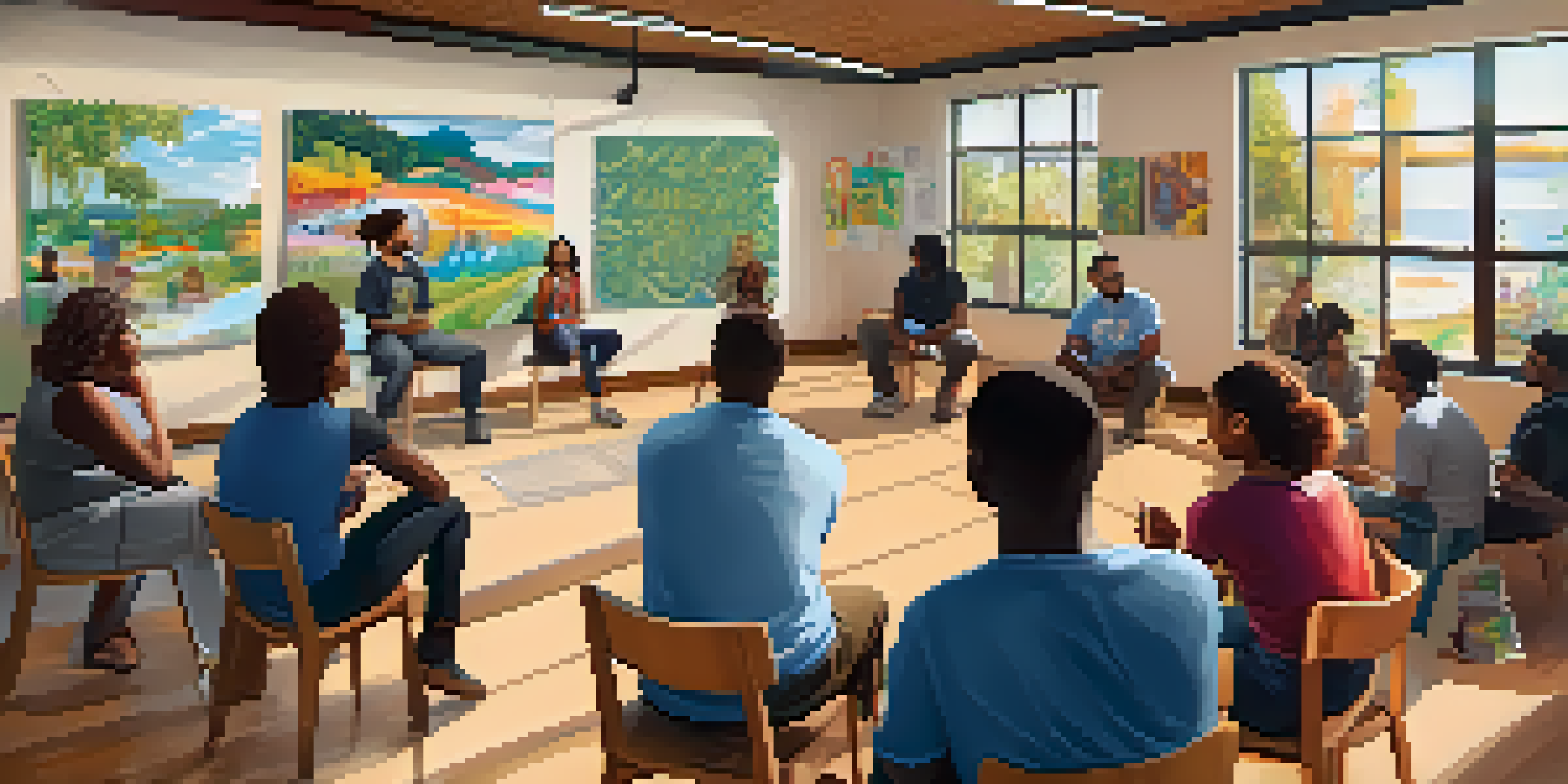 A diverse group of people attending a marijuana harm reduction workshop in a well-lit community center, with educational materials visible.