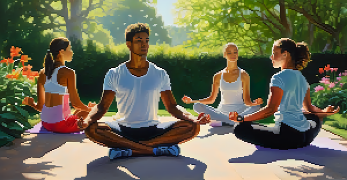 A group of athletes stretching and meditating in a sunlit park, surrounded by greenery and flowers, showcasing calmness and focus.